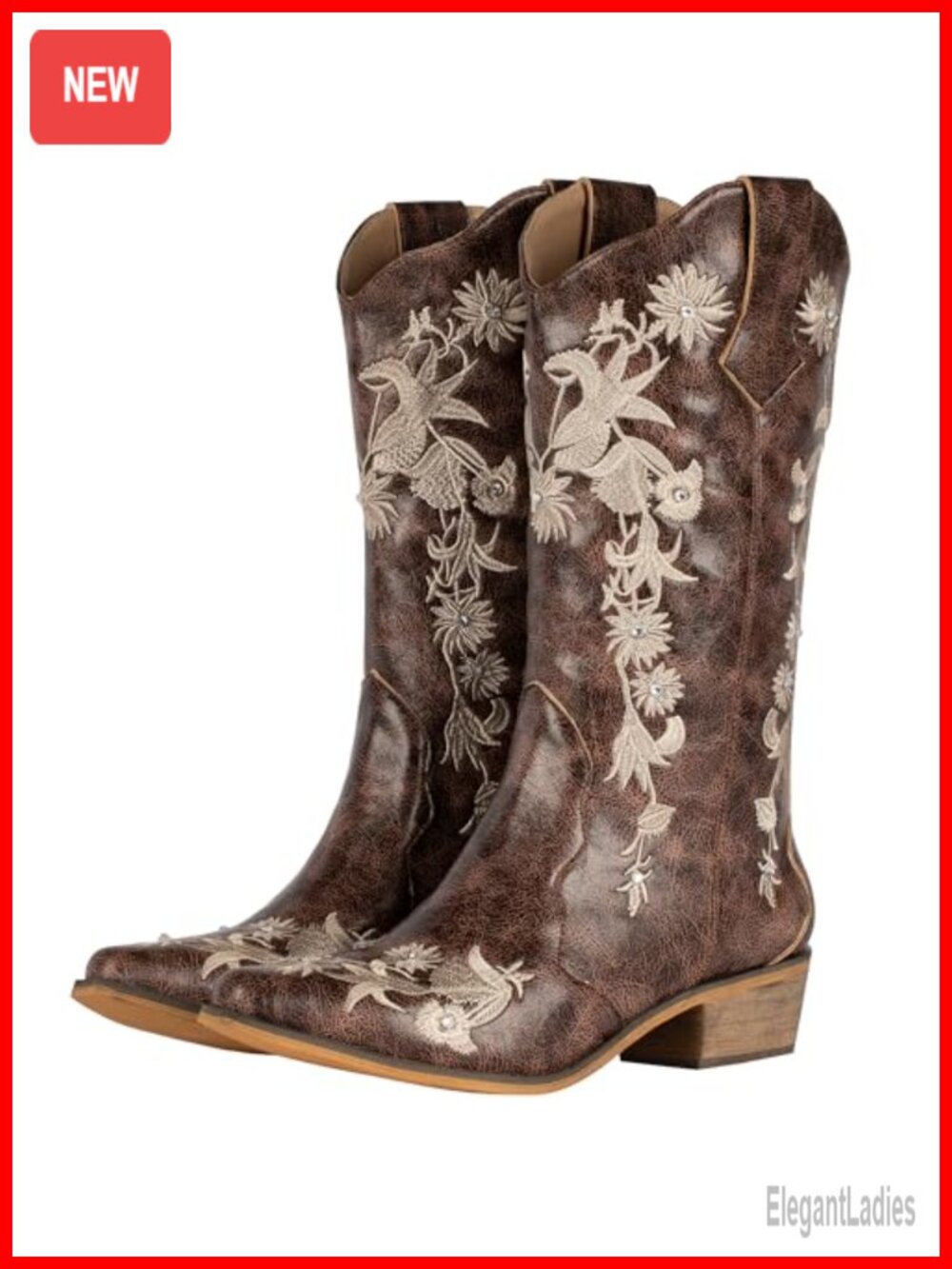 Faux Leather Floral Embroidered Western Snip Toe Mid Calf Cowgirl Boots